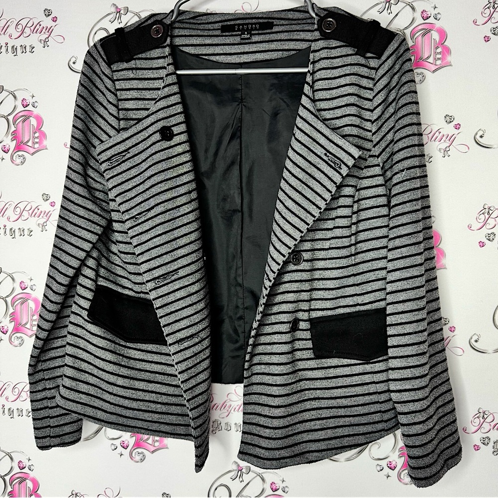 Sandro blazer Striped Black and Gray coat Jacket buttons pockets grey